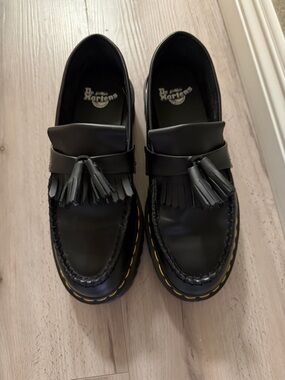 Dr. Martens Kids Black Tassel Kiltie Loafers with Yellow Stitching